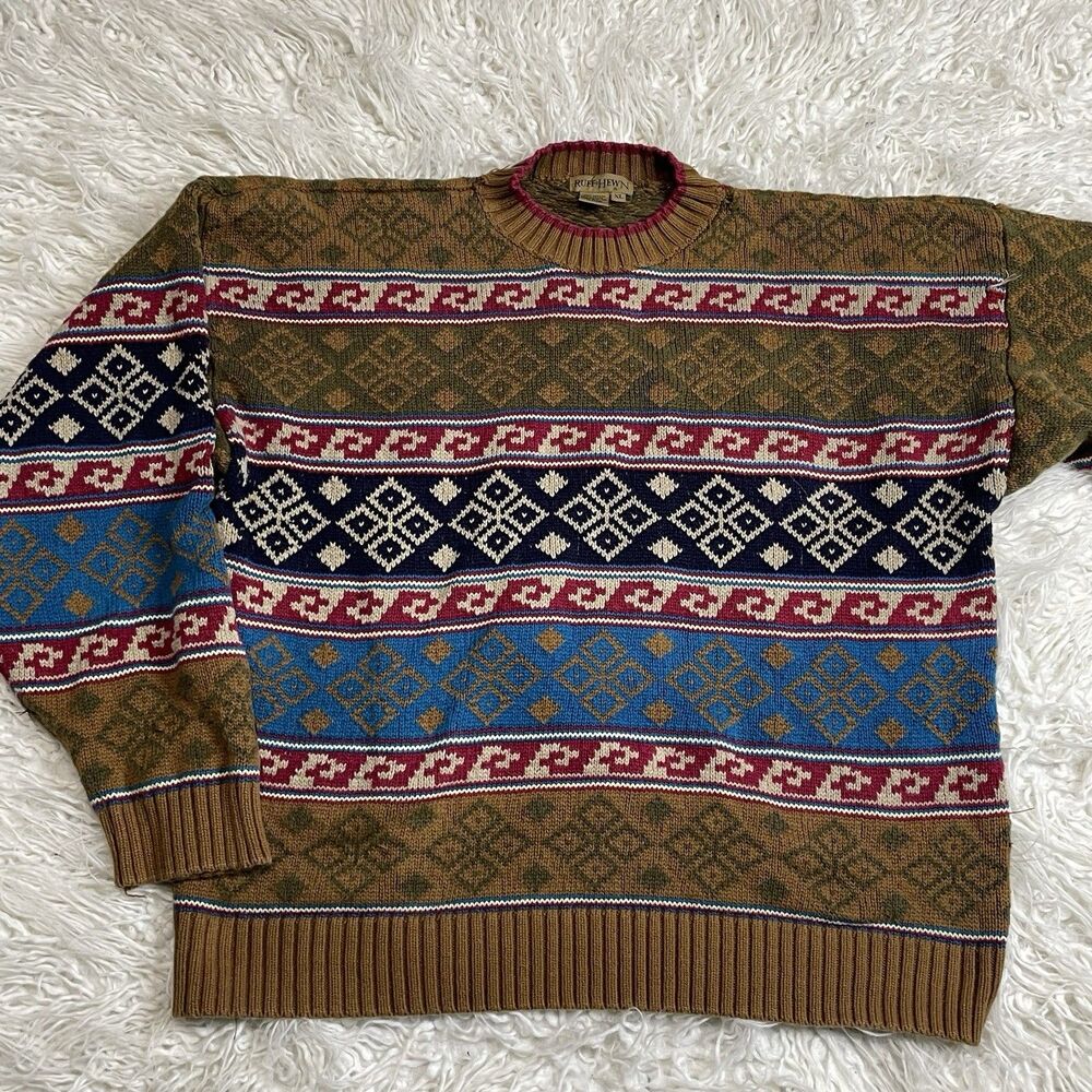 Vintage Ruff Hewn Heavy Cotton Sweater Brown Size XL Geometric Pattern